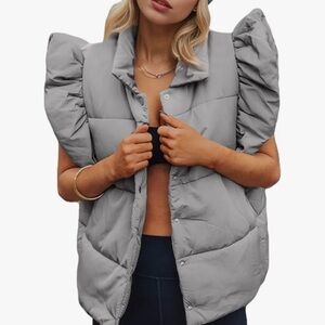 Women’s Tankaneo Gray Puffer Vest with Ruffle Sleeves Size Small